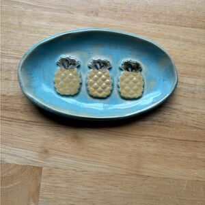 Blue Oval Ceramic Plate with Pineapple Design hand painted and made